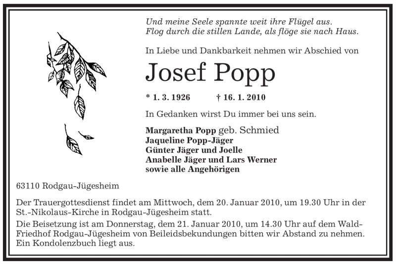  Traueranzeige für Josef Popp vom 20.01.2010 aus OFFENBACH-POST/HANAU-POST