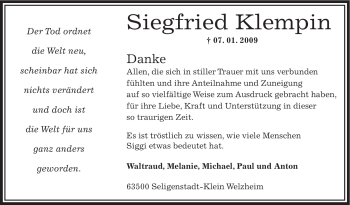 Traueranzeige von Siegfried Klempin von OFFENBACH-POST/HANAU-POST