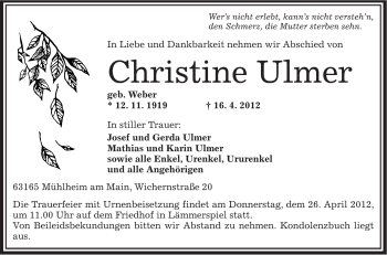 Traueranzeige von Christine Ulmer von OFFENBACH-POST/HANAU-POST