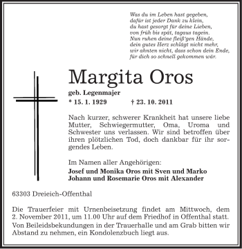 Traueranzeige von Margita Oros von OFFENBACH-POST/HANAU-POST