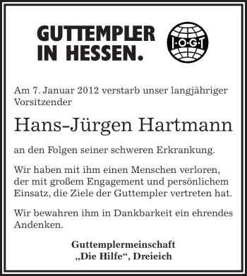 Traueranzeige von Hans-Jürgen Hartmann von OFFENBACH-POST/HANAU-POST