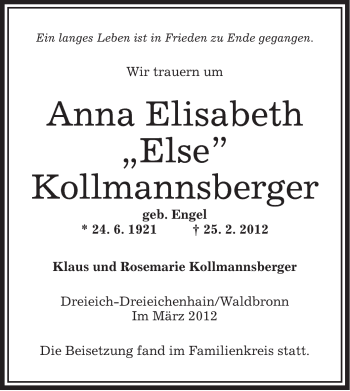 Traueranzeige von Anna Elisabeth Kollmannsberger von OFFENBACH-POST/HANAU-POST