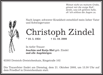 Traueranzeige von Christoph Zindel von OFFENBACH-POST/HANAU-POST