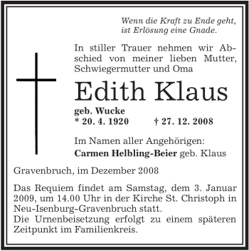 Traueranzeige von Edith Klaus von OFFENBACH-POST/HANAU-POST