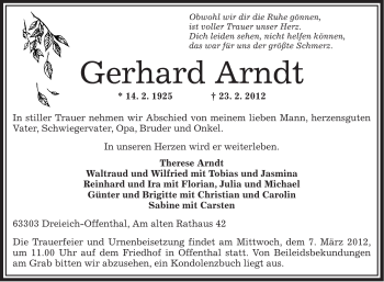 Traueranzeige von Gerhardt Arndt von OFFENBACH-POST/HANAU-POST