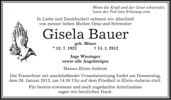 Traueranzeige von Gisela Bauer von OFFENBACH-POST/HANAU-POST