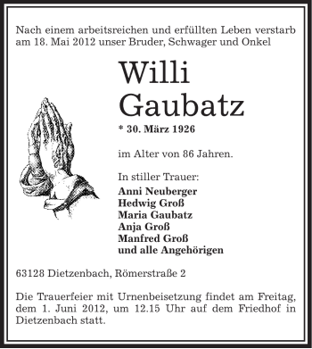 Traueranzeige von Willi Gaubatz von OFFENBACH-POST/HANAU-POST