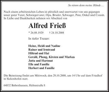 Traueranzeige von Alfred Frieß von OFFENBACH-POST/HANAU-POST