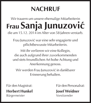 Traueranzeige von Sanja Junuzovic von Offenbach