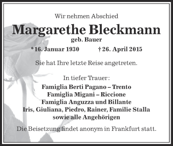 Traueranzeige von Margarethe Bleckmann von Offenbach