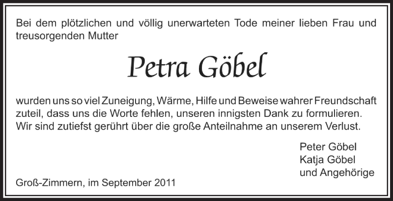  Traueranzeige für Petra Göbel vom 10.09.2011 aus OFFENBACH-POST/HANAU-POST