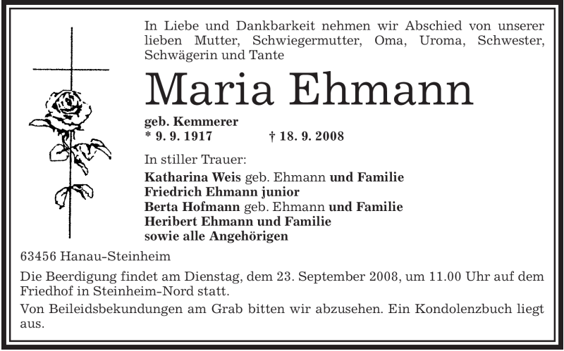  Traueranzeige für Maria Ehmann vom 25.09.2008 aus OFFENBACH-POST/HANAU-POST