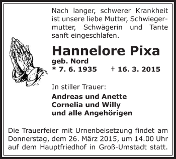 Traueranzeige von Hannelore Pixa von Offenbach