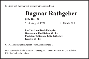 Traueranzeige von Dagmar Rathgeber von OFFENBACH-POST/HANAU-POST