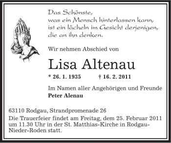 Traueranzeige von Lisa Altenau von OFFENBACH-POST/HANAU-POST