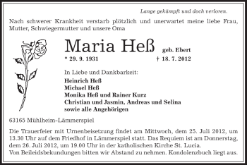 Traueranzeige von Maria Heß von OFFENBACH-POST/HANAU-POST