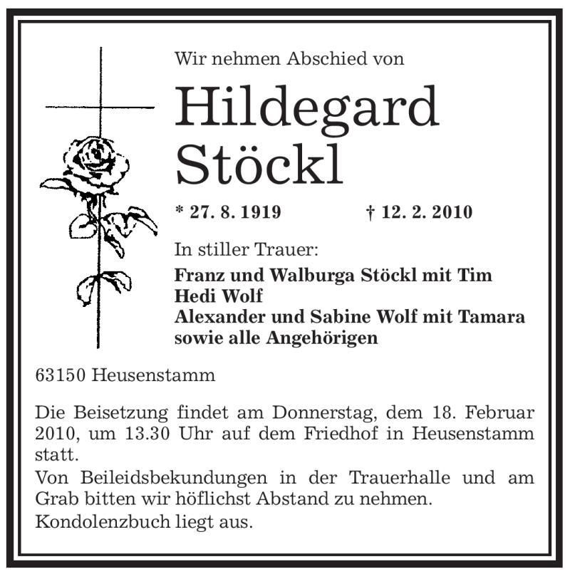  Traueranzeige für Hildegard Stöckl vom 15.02.2010 aus OFFENBACH-POST/HANAU-POST