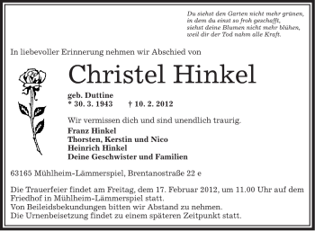 Traueranzeige von Christel Hinkel von OFFENBACH-POST/HANAU-POST