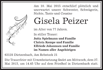 Traueranzeige von Gisela Peizer von Offenbach