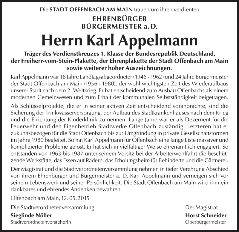  Traueranzeige für Karl Appelmann vom 16.05.2015 aus Offenbach
