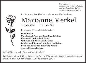 Traueranzeige von Marianne Merkel von Offenbach