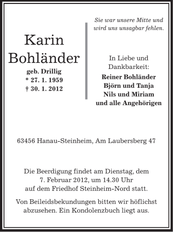 Traueranzeige von Karin Bohländer von OFFENBACH-POST/HANAU-POST