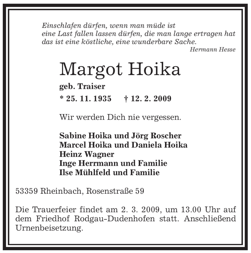  Traueranzeige für Margot Hoika vom 21.02.2009 aus OFFENBACH-POST/HANAU-POST