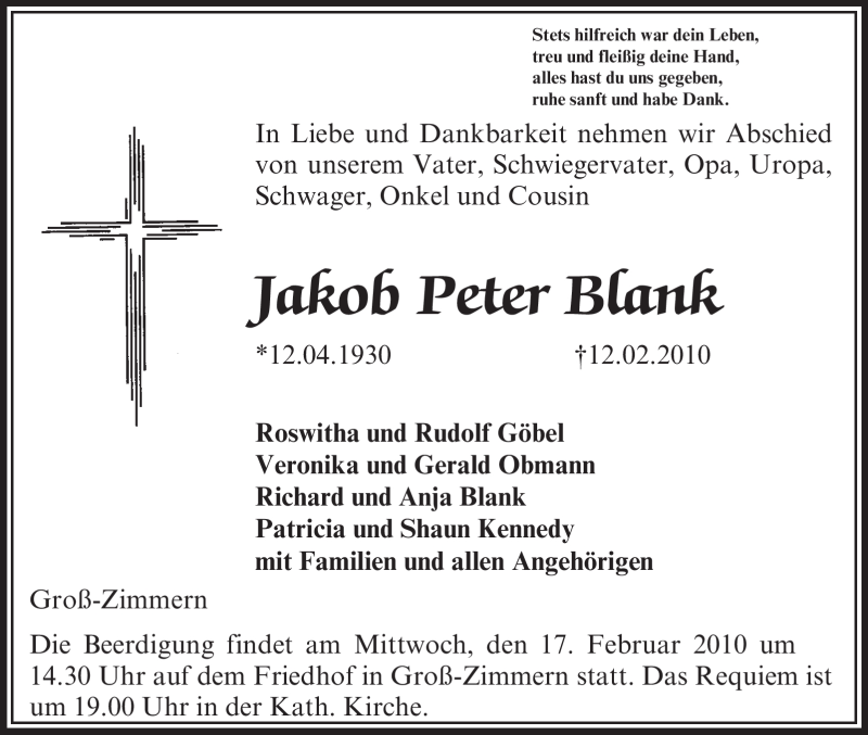  Traueranzeige für Jakob Peter Blank vom 15.02.2010 aus OFFENBACH-POST/HANAU-POST