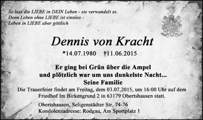  Traueranzeige für Dennis von Kracht vom 25.06.2015 aus Offenbach