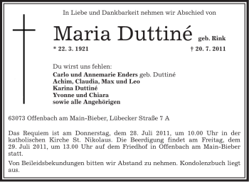 Traueranzeige von Maria Duttine von OFFENBACH-POST/HANAU-POST