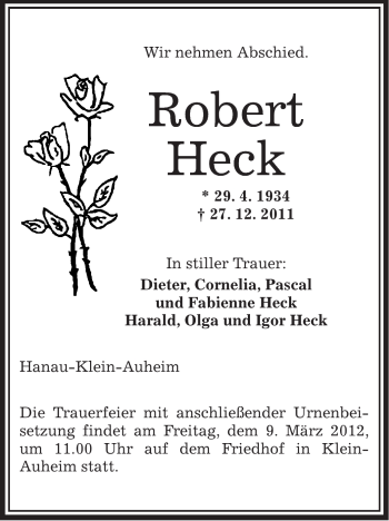 Traueranzeige von Robert Heck von OFFENBACH-POST/HANAU-POST