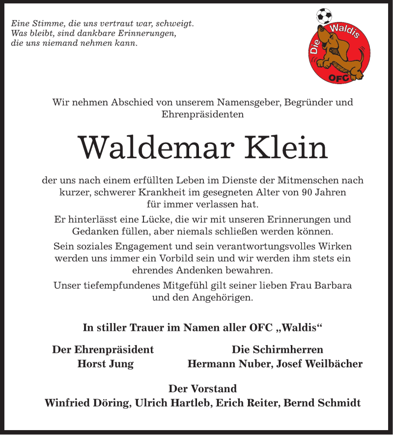  Traueranzeige für Waldemar Klein vom 12.11.2010 aus OFFENBACH-POST/HANAU-POST