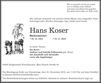 Traueranzeige von Hans Koser von OFFENBACH-POST/HANAU-POST