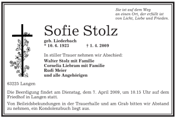 Traueranzeige von Sofie Stolz von OFFENBACH-POST/HANAU-POST