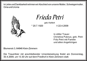 Traueranzeige von Frieda Petri von OFFENBACH-POST/HANAU-POST