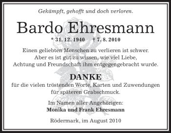 Traueranzeige von Bardo Ehresmann von OFFENBACH-POST/HANAU-POST