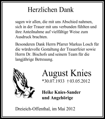 Traueranzeige von August Knies von OFFENBACH-POST/HANAU-POST