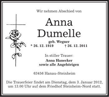 Traueranzeige von Anna Dumelle von OFFENBACH-POST/HANAU-POST