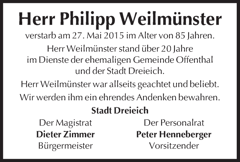  Traueranzeige für Philipp Weilmünster vom 11.06.2015 aus Offenbach
