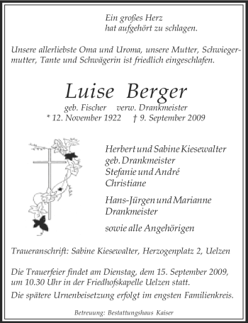 Traueranzeige von Luise Berger von OFFENBACH-POST/HANAU-POST