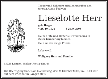 Traueranzeige von Lieselotte Herr von OFFENBACH-POST/HANAU-POST