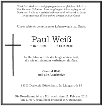 Traueranzeige von Paul Weiß von OFFENBACH-POST/HANAU-POST