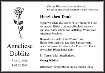 Traueranzeige von Anneliese Döblitz von OFFENBACH-POST/HANAU-POST