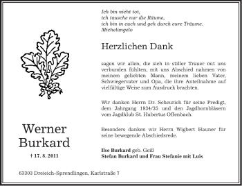 Traueranzeige von Werner Burkard von OFFENBACH-POST/HANAU-POST