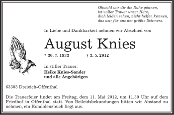 Traueranzeige von August Knies von OFFENBACH-POST/HANAU-POST