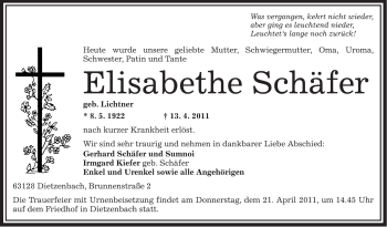 Traueranzeige von Elisabethe Schäfer von OFFENBACH-POST/HANAU-POST