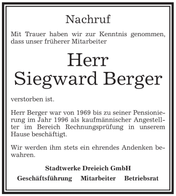 Traueranzeige von Siegward Berger von OFFENBACH-POST/HANAU-POST