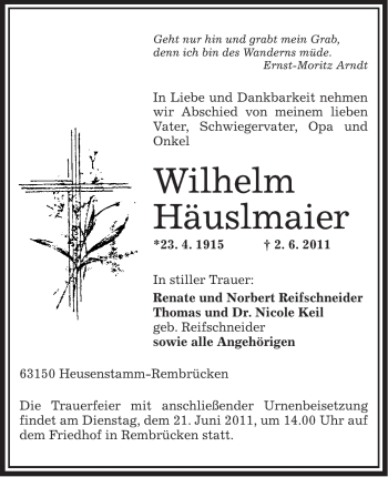 Traueranzeige von Wilhelm Häuslmaier von OFFENBACH-POST/HANAU-POST