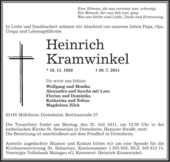 Traueranzeige von Heinrich Kramwinkel von OFFENBACH-POST/HANAU-POST