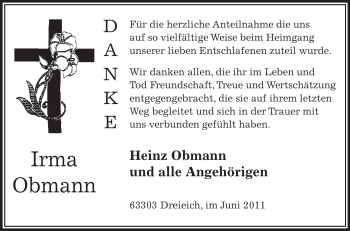 Traueranzeige von Irma Obmann von OFFENBACH-POST/HANAU-POST